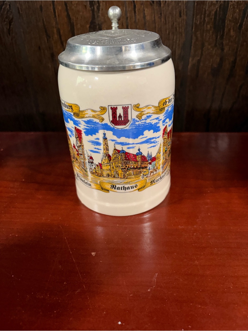 AFF Cream Ceramic Beer Stein with Blue and Gold Scenic Motif and Pewter Lid
